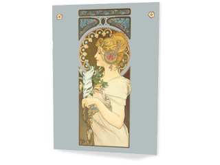 Jugendstil-Karte mit einer jungen Frau, die eine Vogelfeder hält, und Blumenornamentik außenherum