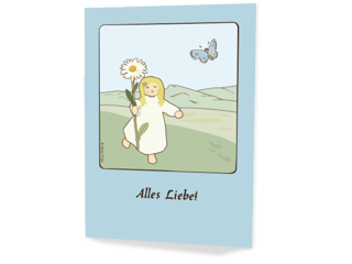 Auf einer himmelblauen Karte springt ein Blumenkind mit einer Margerite in der Hand über eine Wiese. Rechts oben fliegt ein Schmetterling. Unter dem Bild steht der Wunsch »Alles Liebe!«