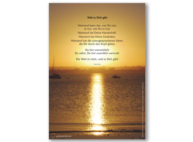 Ansicht des Posters: Der Sonnenuntergang färbt eine Bucht goldrot. Die Silhouette von zwei Schiffen ist sichtbar. Vor dem Sonnenlicht steht der Text.